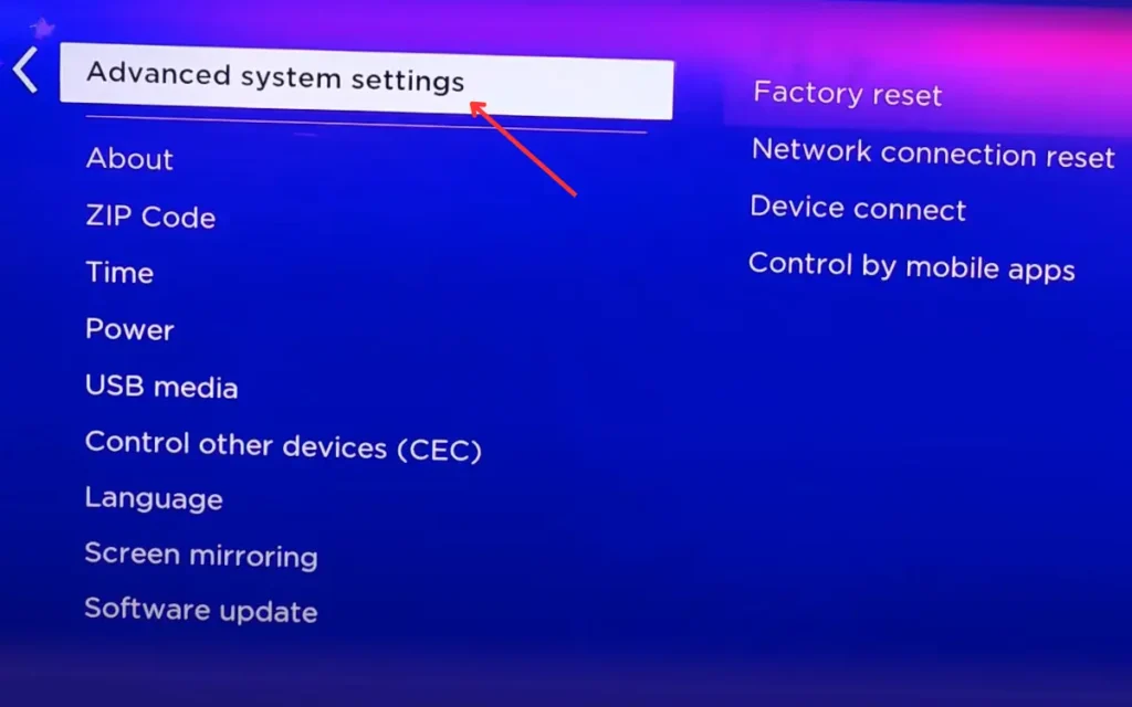 Selecting Advance system settings