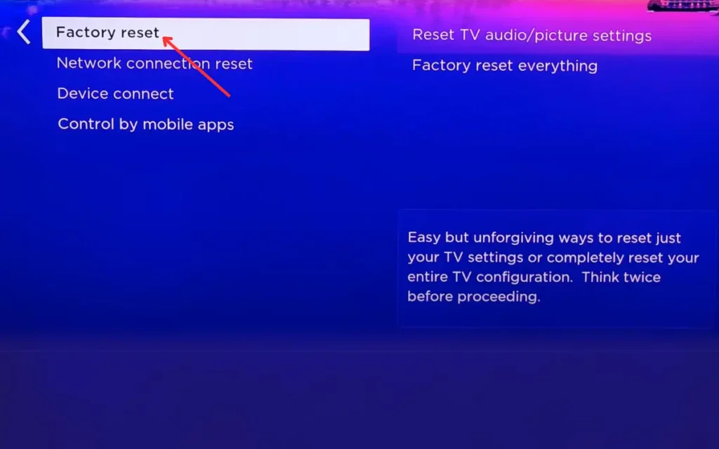 Selecting Factory reset option