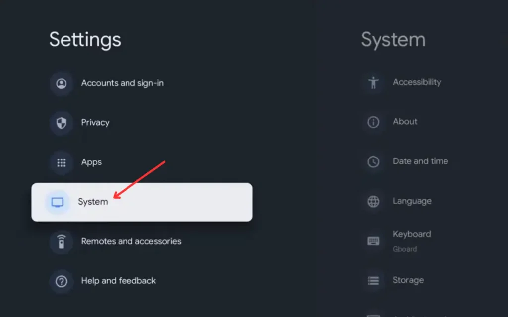 Selecting System option