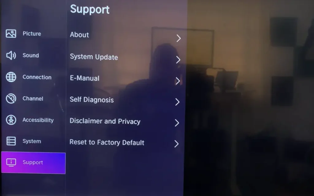 Selecting the support option