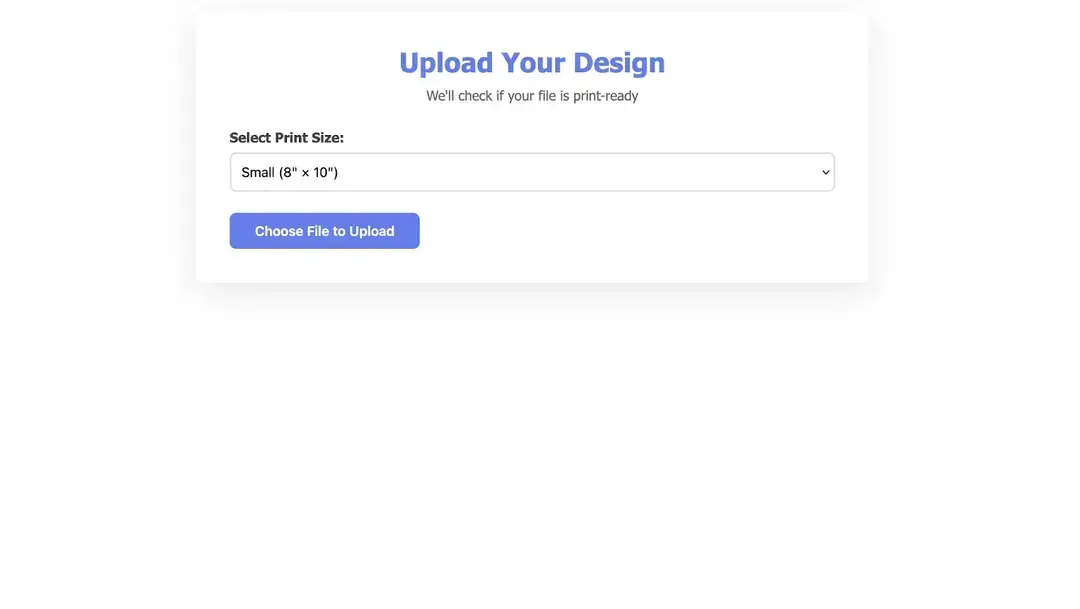 User interface for uploading and validating print design files using Filestack.