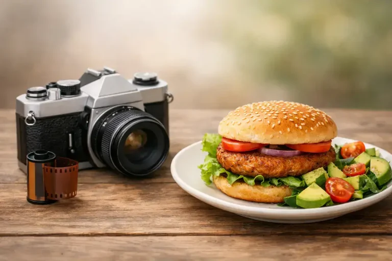 Camera and burger plate on wooden table