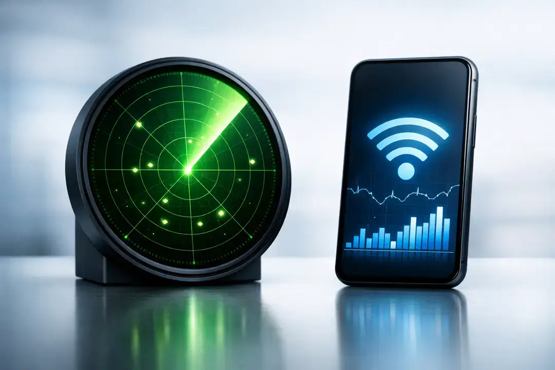 Radar screen beside phone with Wi‑Fi icon