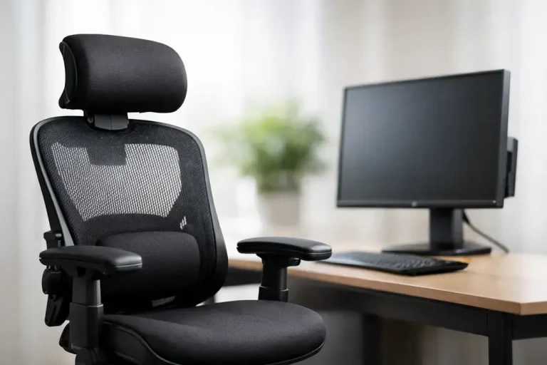 Ergonomic office chair by computer desk