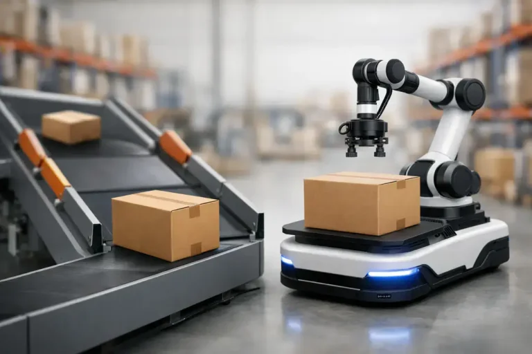 Warehouse robot moving boxes on conveyor