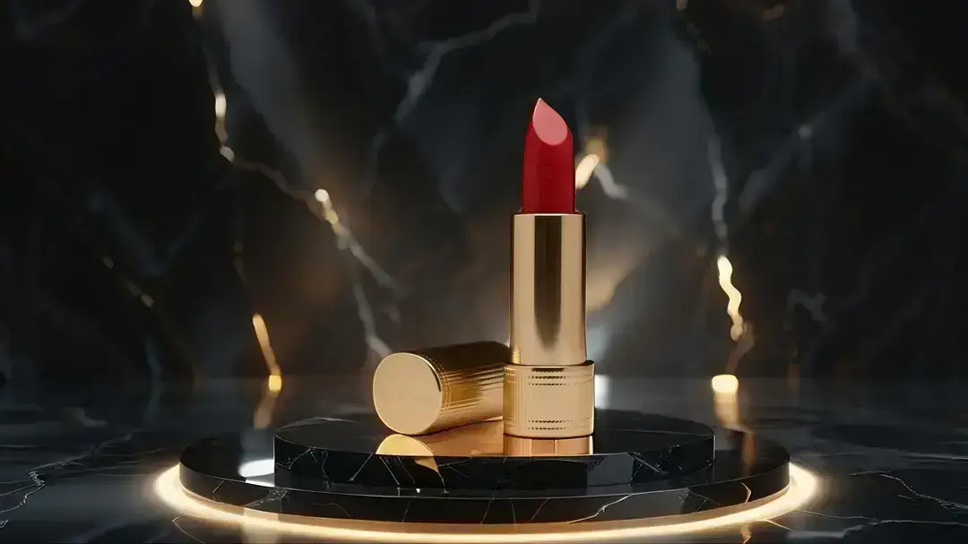 Red lipstick in gold tube on marble stand