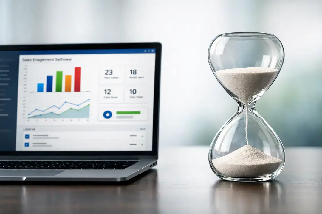 Laptop analytics dashboard and hourglass