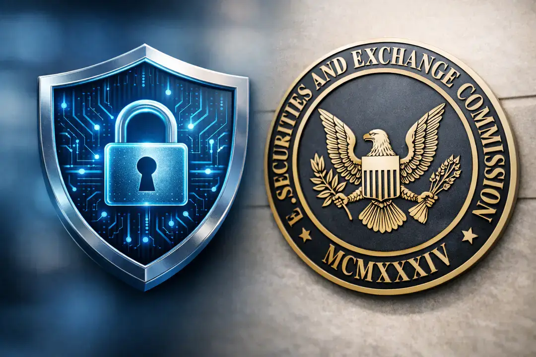Cybersecurity shield beside SEC seal