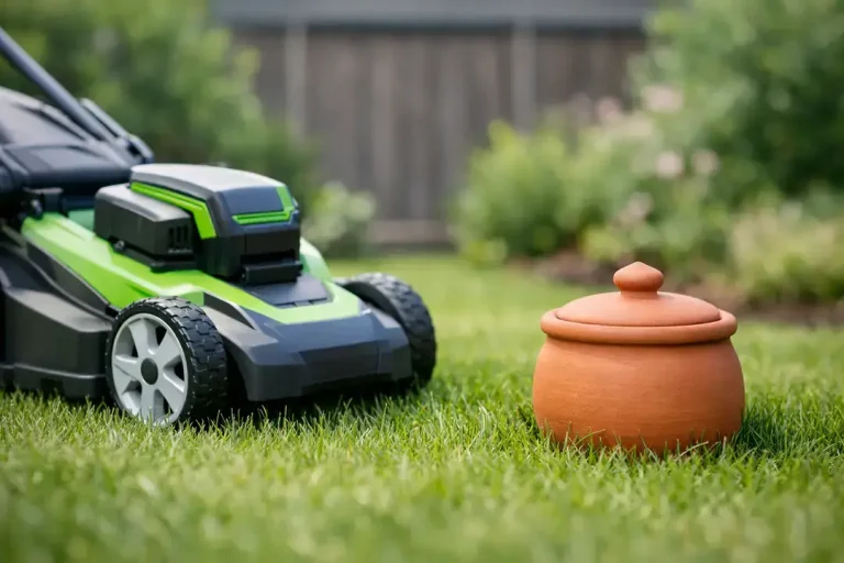 Lawn mower beside clay pot on grass