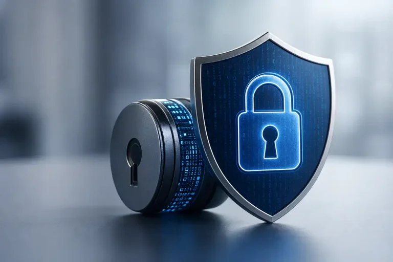 Digital lock and shield security icon