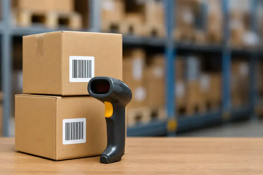 Barcode scanner beside labeled boxes