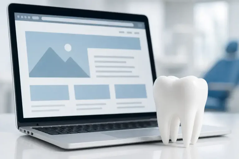 Tooth model beside laptop screen