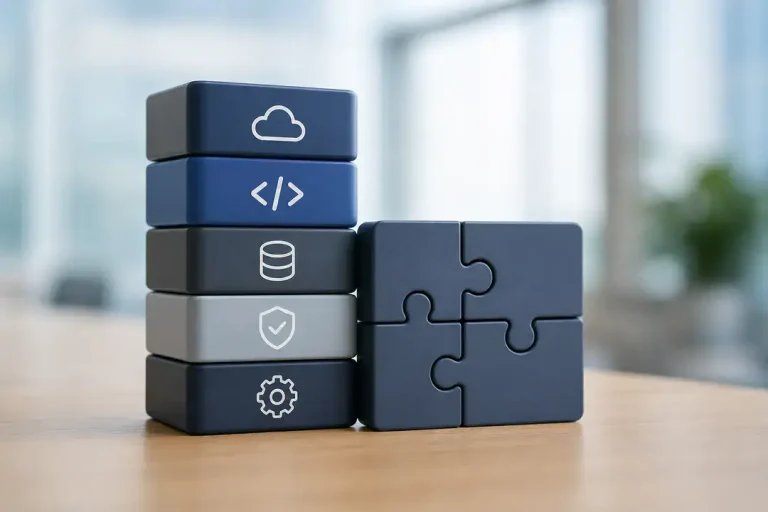 Stacked cloud software blocks and puzzle