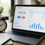Laptop with time tracker and desk clock