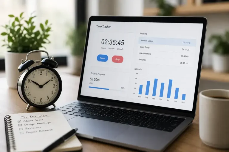Laptop with time tracker and desk clock