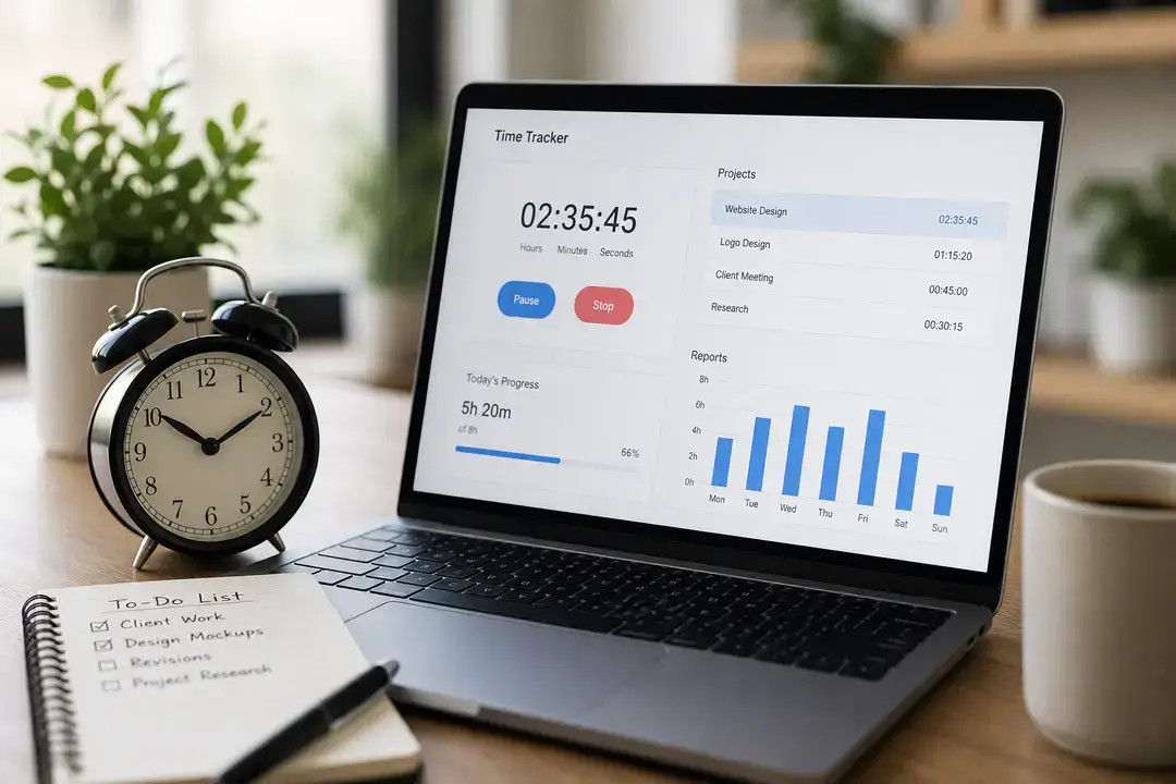 Laptop with time tracker and desk clock