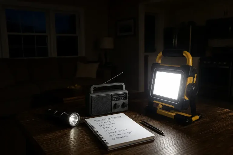 Power outage emergency supplies on table