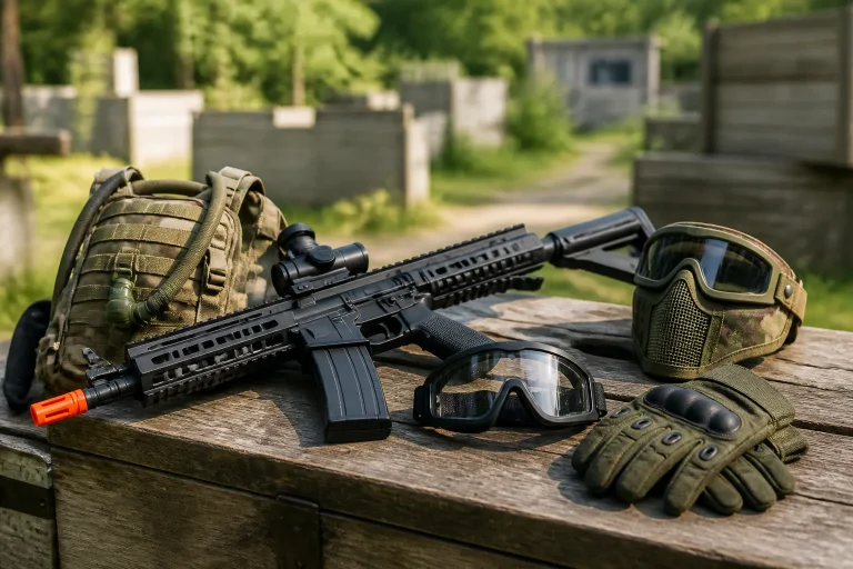 Airsoft gear on outdoor field table