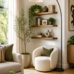 Cozy living room with plants and shelves