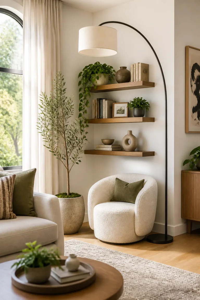 Cozy living room with plants and shelves